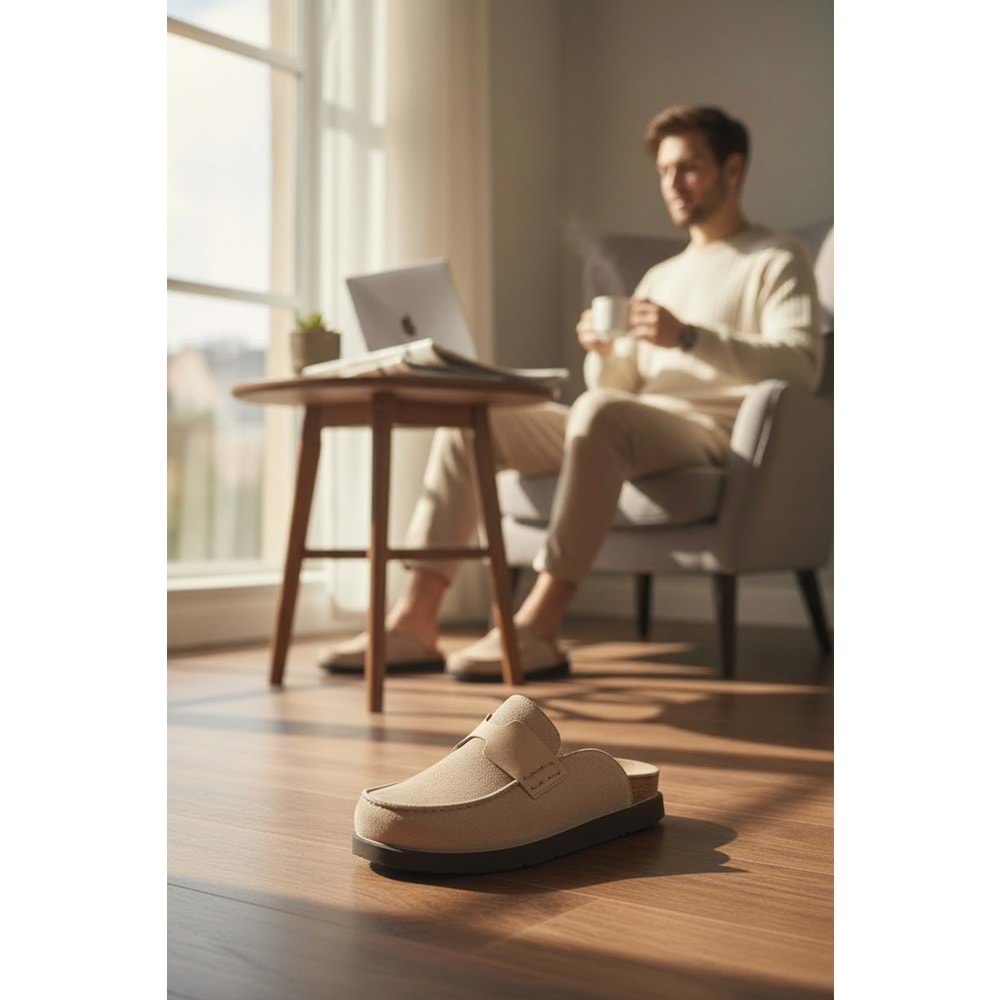 2235 İç Dış Hakiki Süet Deri Tam Ortopedik Üst Kalite Ev,Ofis,Misafir,Damat ve Gelin Çeyizlik Terlik - NKT02235-BEJ-44