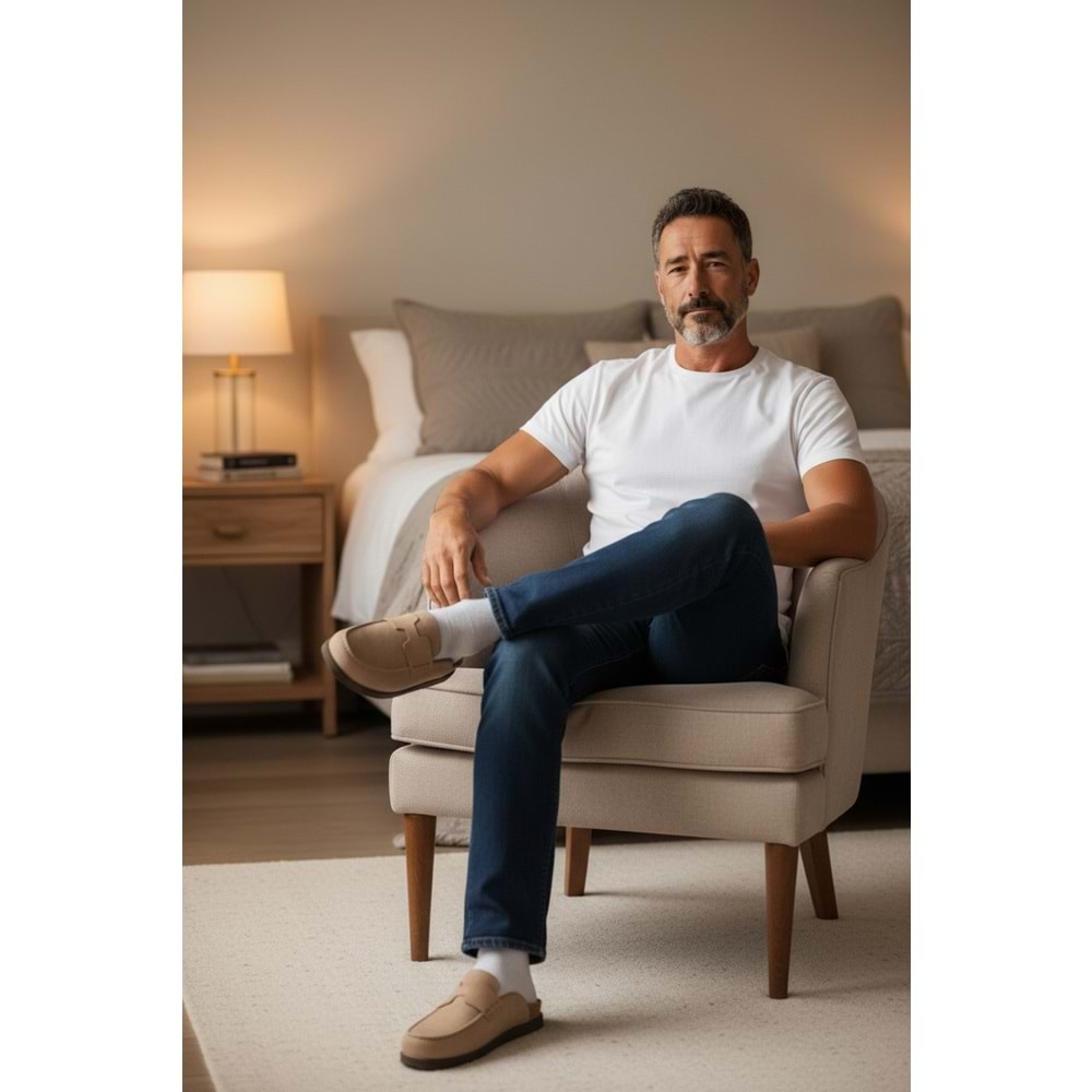 2235 İç Dış Hakiki Süet Deri Tam Ortopedik Üst Kalite Ev,Ofis,Misafir,Damat ve Gelin Çeyizlik Terlik - NKT02235-BEJ-44