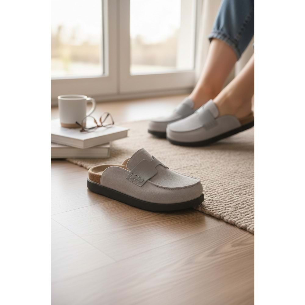 2235 İç Dış Hakiki Süet Deri Tam Ortopedik Üst Kalite Ev,Ofis,Misafir,Damat ve Gelin Çeyizlik Terlik - NKT02235-gri-43