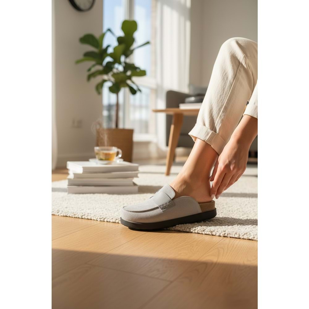 2235 İç Dış Hakiki Süet Deri Tam Ortopedik Üst Kalite Ev,Ofis,Misafir,Damat ve Gelin Çeyizlik Terlik - NKT02235-gri-43
