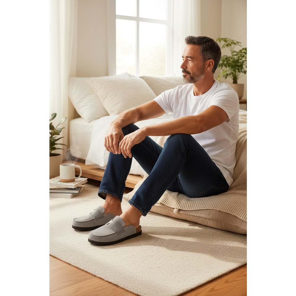 2235 İç Dış Hakiki Süet Deri Tam Ortopedik Üst Kalite Ev,Ofis,Misafir,Damat ve Gelin Çeyizlik Terlik - NKT02235-gri-43