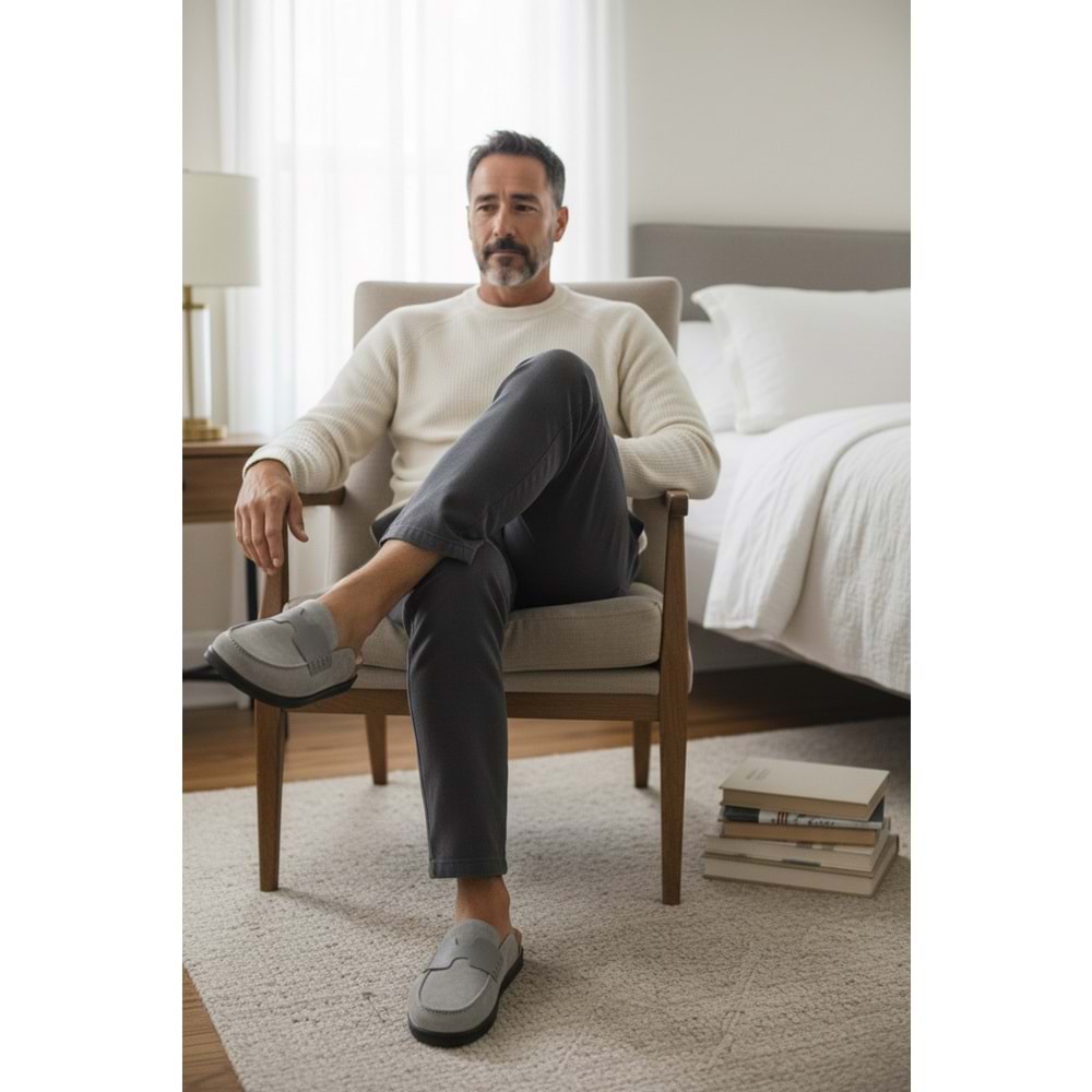 2235 İç Dış Hakiki Süet Deri Tam Ortopedik Üst Kalite Ev,Ofis,Misafir,Damat ve Gelin Çeyizlik Terlik - NKT02235-gri-43