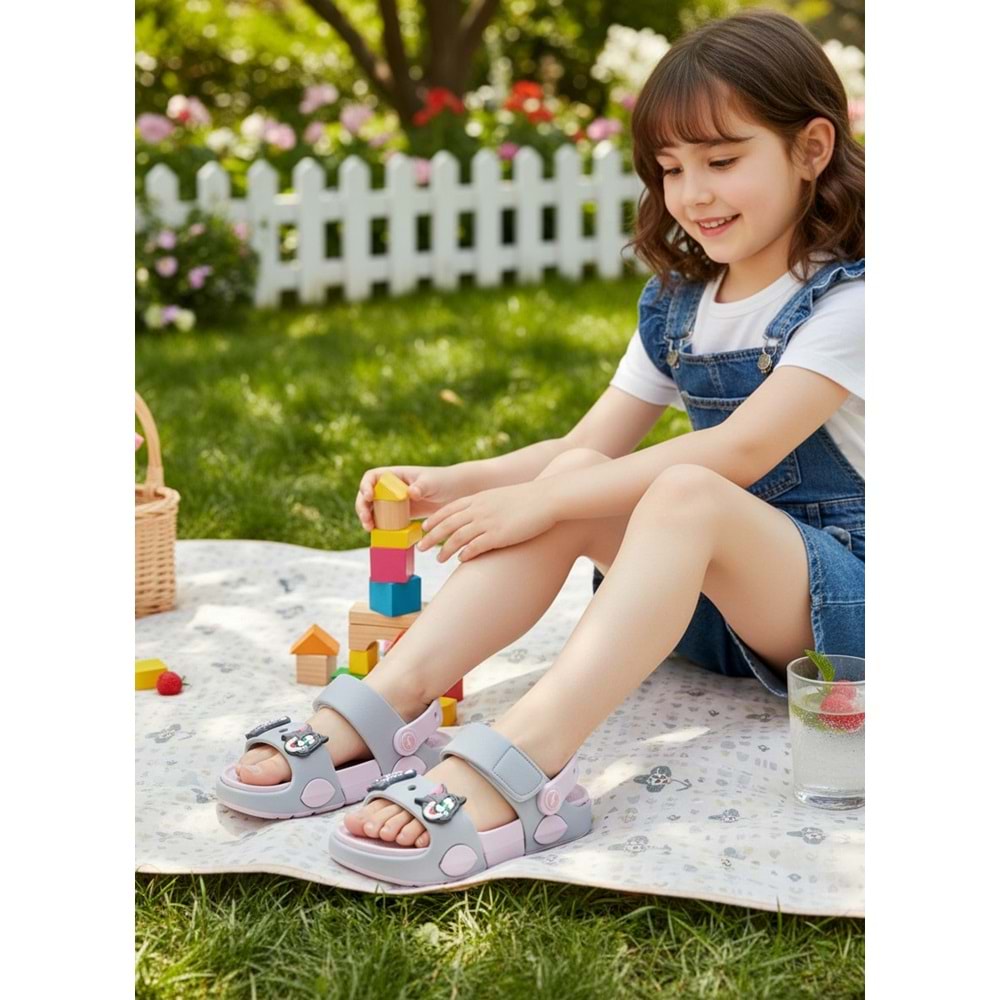 2247-Akınal Unisex Figürlü Ultra Yumuşak Esnek Kaymaz Tabanlı Çocuk Sandalet Terlik - NKT02247-gri-pembe-30