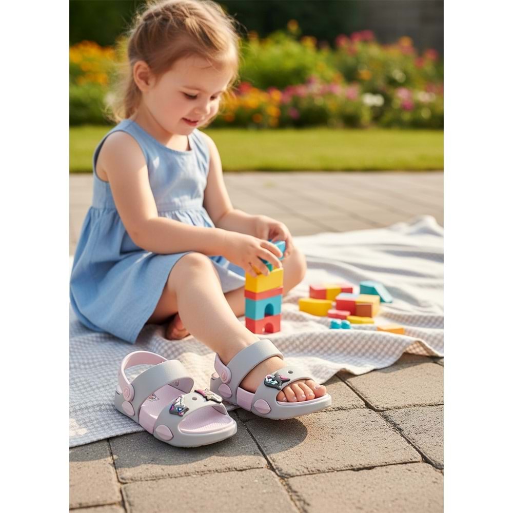 2247-Akınal Unisex Figürlü Ultra Yumuşak Esnek Kaymaz Tabanlı Çocuk Sandalet Terlik - NKT02247-gri-pembe-30