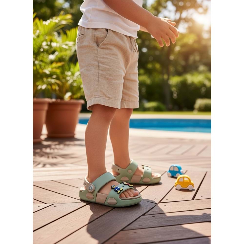 2247-Akınal Unisex Figürlü Ultra Yumuşak Esnek Kaymaz Tabanlı Çocuk Sandalet Terlik - NKT02247-yeşil-27