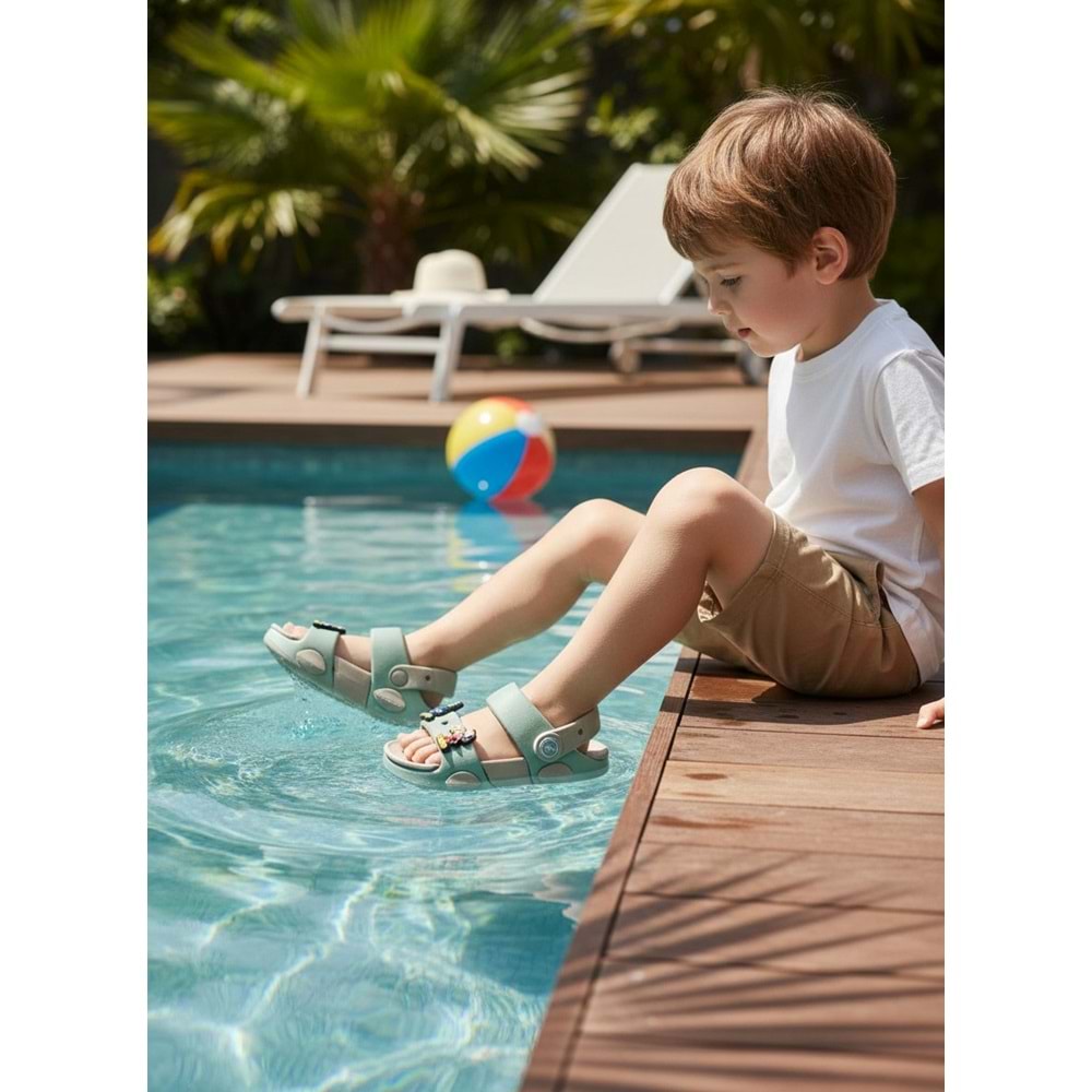2247-Akınal Unisex Figürlü Ultra Yumuşak Esnek Kaymaz Tabanlı Çocuk Sandalet Terlik - NKT02247-yeşil-27