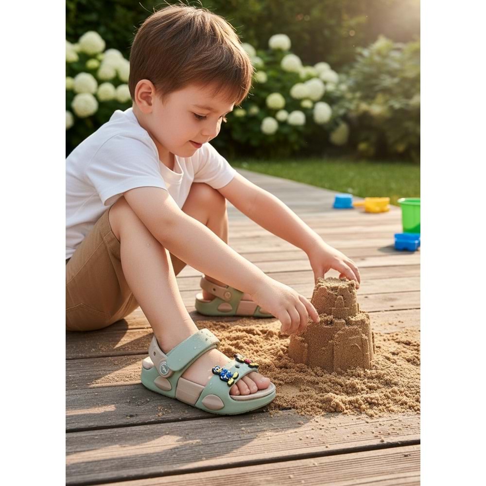 2247-Akınal Unisex Figürlü Ultra Yumuşak Esnek Kaymaz Tabanlı Çocuk Sandalet Terlik - NKT02247-yeşil-28