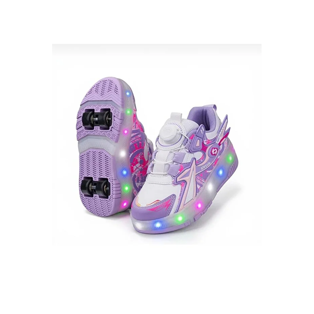 2249-Timer Led Işıklı Çift Tekerlekli Akıllı Bağcıklı Unisex Çocuk Patenli Ayakkabı - NKT02249-beyaz-pembe-30