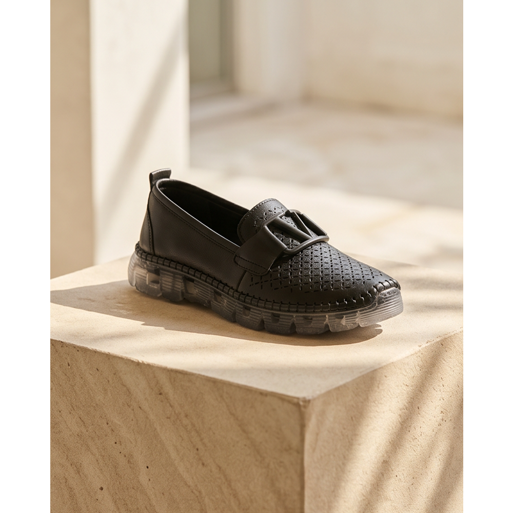 2253-Hakiki Deri Premium Kalite Anatomik Şeffaf Tabanlı Kadın Günlük Ayakkabı - NKT02253-siyah-38
