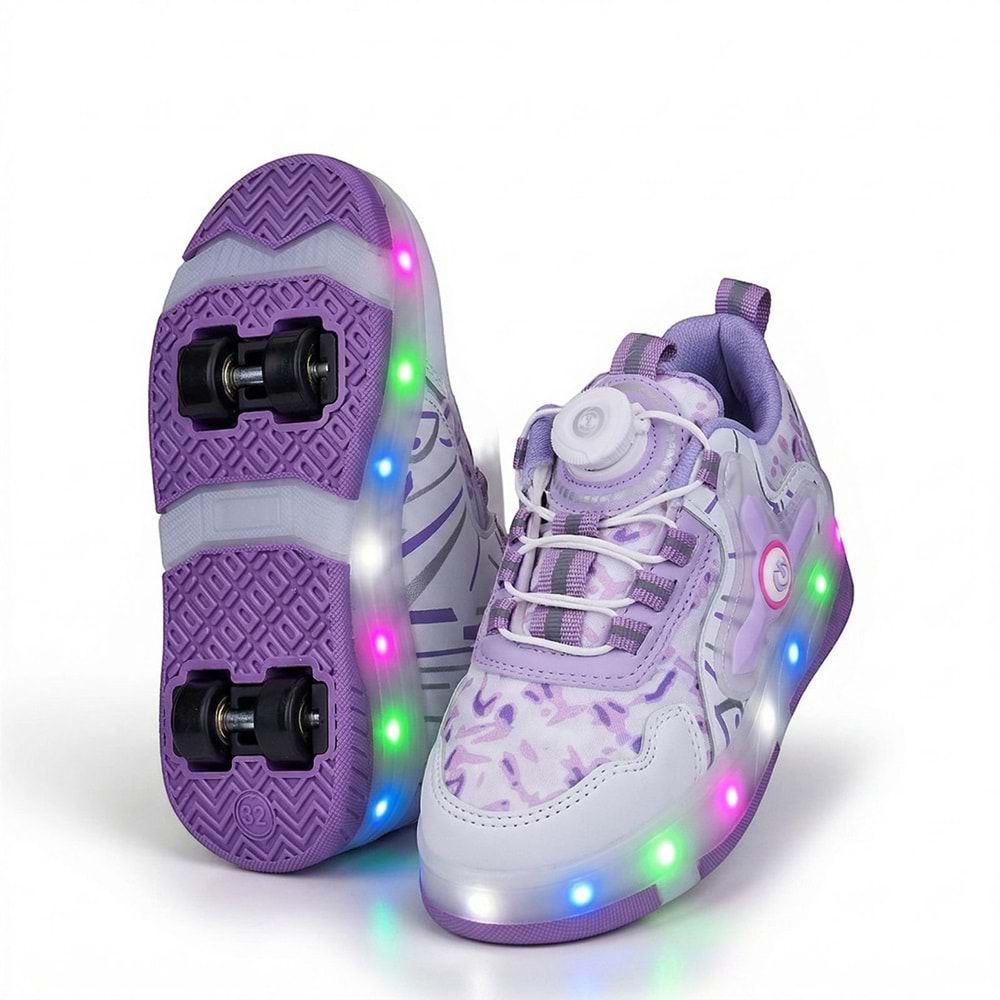 2256-N-Drops Led Işıklı Çift Tekerlekli Akıllı Bağcıklı Unisex Çocuk Patenli Ayakkabı - NKT02256-Beyaz-Lila-33