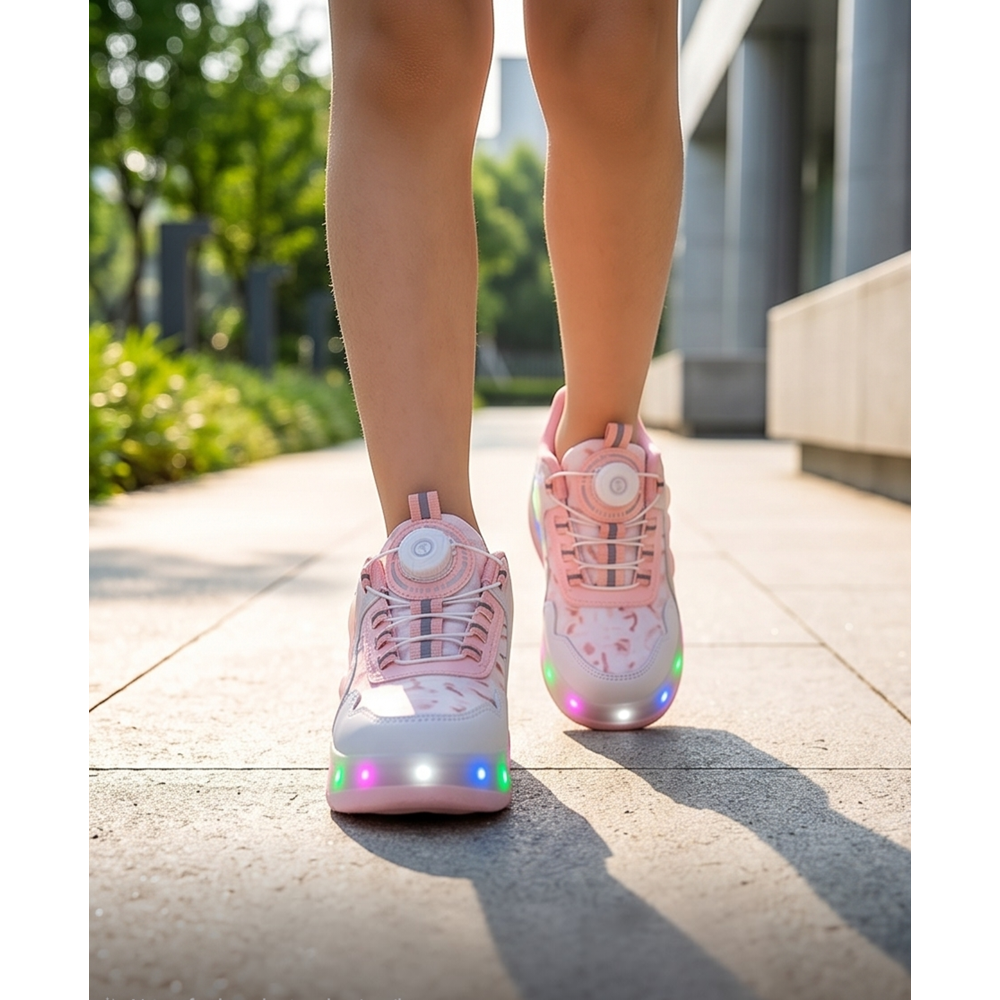 2256-N-Drops Led Işıklı Çift Tekerlekli Akıllı Bağcıklı Unisex Çocuk Patenli Ayakkabı - NKT02256-beyaz-pembe-31