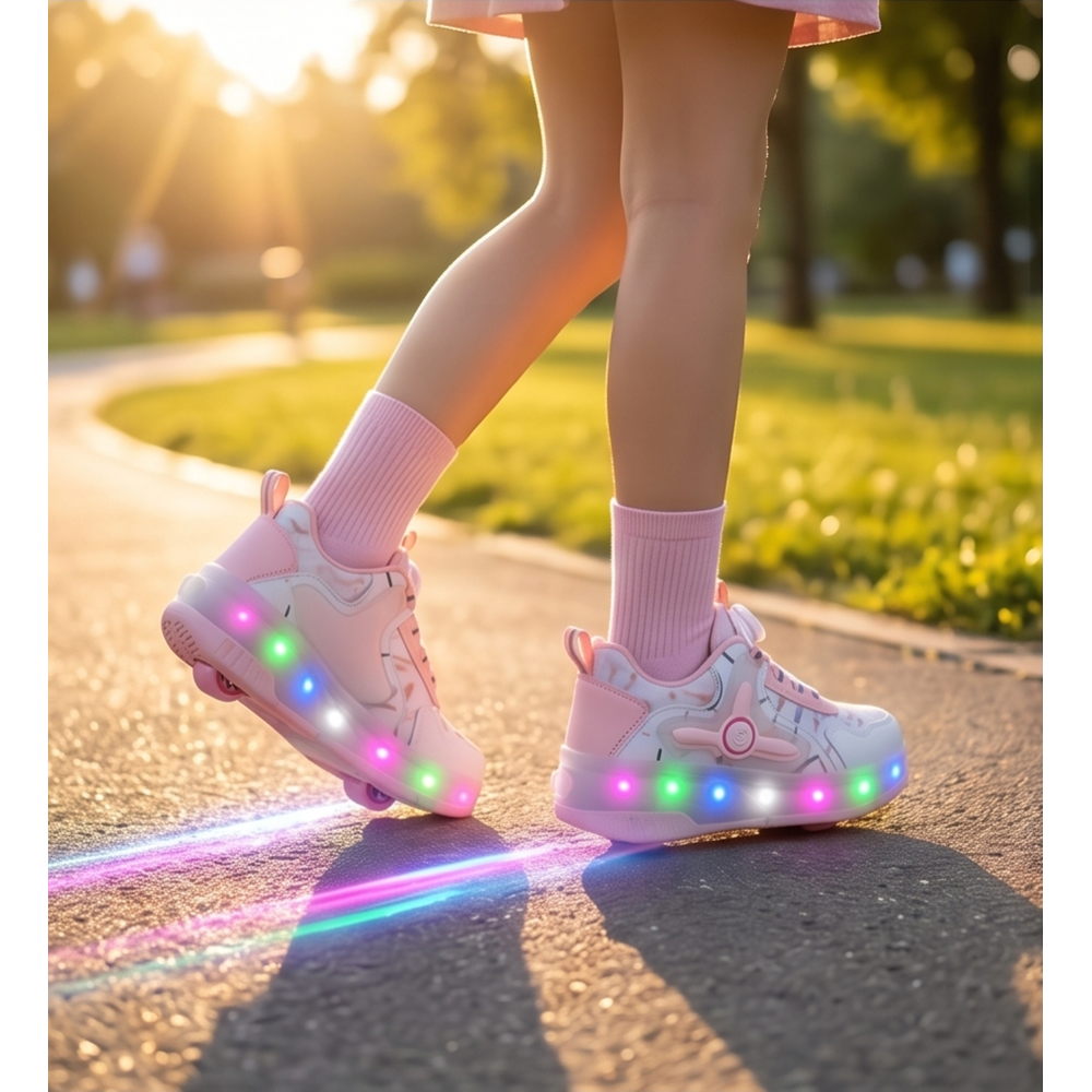 2256-N-Drops Led Işıklı Çift Tekerlekli Akıllı Bağcıklı Unisex Çocuk Patenli Ayakkabı - NKT02256-beyaz-pembe-31