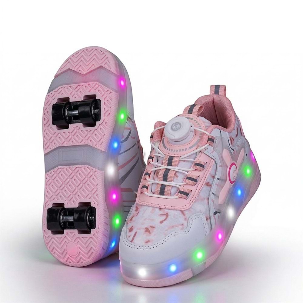 2256-N-Drops Led Işıklı Çift Tekerlekli Akıllı Bağcıklı Unisex Çocuk Patenli Ayakkabı - NKT02256-beyaz-pembe-31