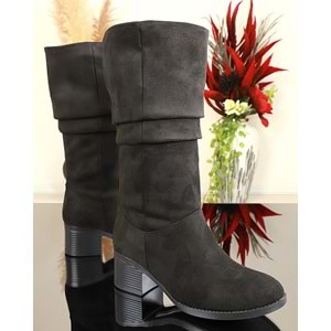 Konfores 1738-460388 Tpu Tabanlı Bayan Diz Altı Topuklu Uzun Çizme - NKT01738-Siyah Süet-40