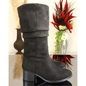 Konfores 1738-460388 Tpu Tabanlı Bayan Diz Altı Topuklu Uzun Çizme - NKT01738-Siyah Süet-40