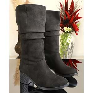 Konfores 1738-460388 Tpu Tabanlı Bayan Diz Altı Topuklu Uzun Çizme - NKT01738-Siyah Süet-40