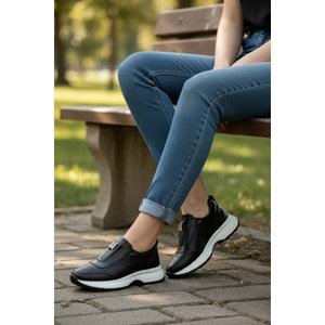 Konfores 1965-273061 Hakiki Deri Anatomik Tabanlı Kadın Sneakers Ayakkabı - NKT01965-siyah beyaz-38
