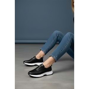 Konfores 1965-273061 Hakiki Deri Anatomik Tabanlı Kadın Sneakers Ayakkabı - NKT01965-siyah beyaz-38