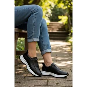 Konfores 1965-273061 Hakiki Deri Anatomik Tabanlı Kadın Sneakers Ayakkabı - NKT01965-siyah beyaz-39