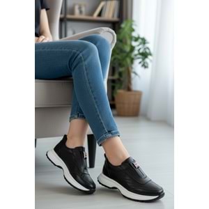 Konfores 1965-273061 Hakiki Deri Anatomik Tabanlı Kadın Sneakers Ayakkabı - NKT01965-siyah beyaz-39