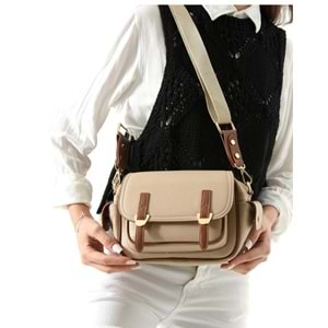 2141 Lüks Kadın Çapraz Askılı Günlük Omuz Çantası - NKT02141-Vizon-Taba-TEKEBAT