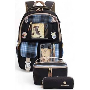 Relaxion 2203-1395 Kore Tarzı Unisex Çocuk Üçlü Set İlkokul Sırt Çantası - NKT02203-siyah-TEKEBAT