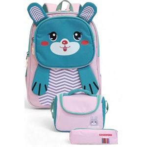 2204-Goodwork Kız Çocuk Üçlü Set Figürlü İlkokul Sırt Çantası - NKT02204-PUDRA-TEKEBAT