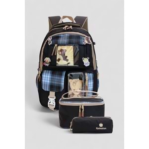 Relaxion 1395 Kore Tarzı Unisex Çocuk Üçlü Set İlkokul Sırt Çantası - NKT02207-siyah-TEKEBAT