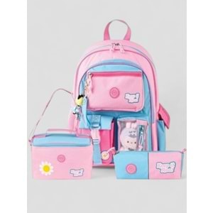 Muggle 2214 İthal Ürün Üst Kalite Unisex Çocuk Üçlü Set İlkokul Sırt Çantası - NKT02214-PEMBE-TEKEBAT