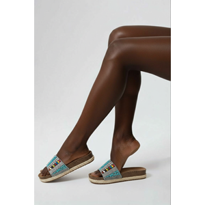 2232-Pien Anatomik Mantar Tabanlı Boncuklu Kadın Terlik - NKT02232-Gri-Mint-36