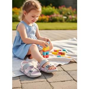 2247-Akınal Unisex Figürlü Ultra Yumuşak Esnek Kaymaz Tabanlı Çocuk Sandalet Terlik - NKT02247-gri-pembe-30