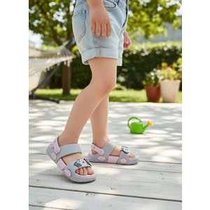2247-Akınal Unisex Figürlü Ultra Yumuşak Esnek Kaymaz Tabanlı Çocuk Sandalet Terlik - NKT02247-gri-pembe-30