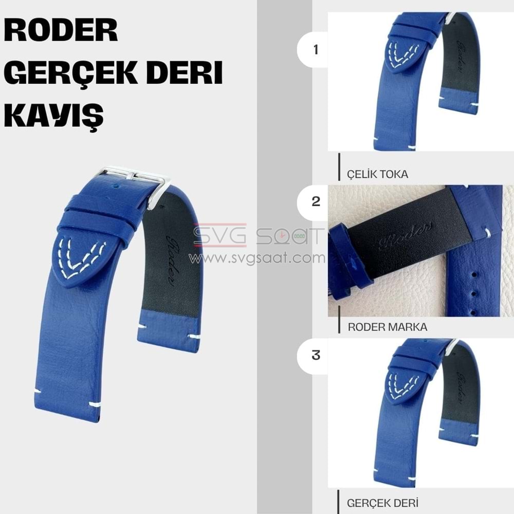 R4143W RODER DERİ KAYIŞ - MAVİ-BEYAZ - 20MM
