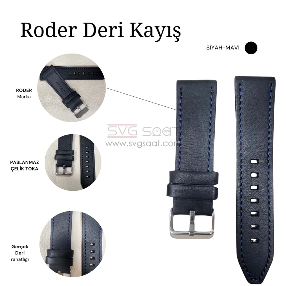 R4136B RODER DERİ KAYIŞ - SİYAH-MAVİ - 24MM