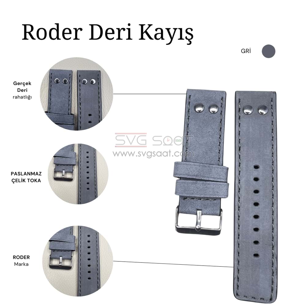 R4133S RODER DERİ KAYIŞ - GRİ - 22MM