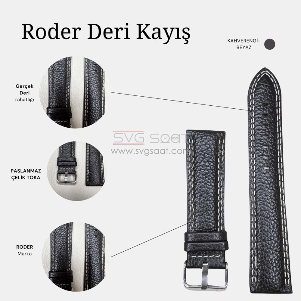 R4131W RODER DERİ KAYIŞ - KAHVERENGİ-BEYAZ - 22MM