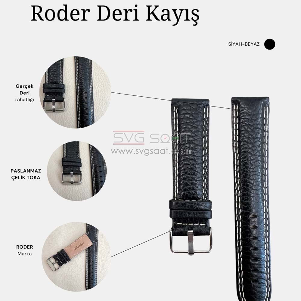 R4131W RODER DERİ KAYIŞ - SİYAH-BEYAZ - 22MM
