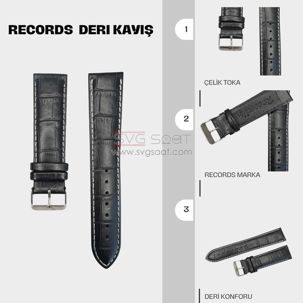 RC3003W RECORDS DERİ KAYIŞ - SİYAH-BEYAZ DİKİŞ - 22MM