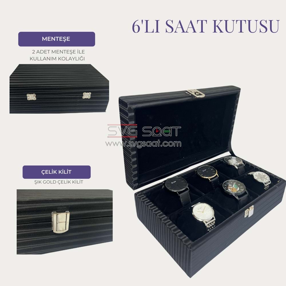 6 GÖZLÜ LÜX DÜZ ÇİZGİLİ DİKDÖRTGEN KİLİT SAAT KUTUSU - SİYAH