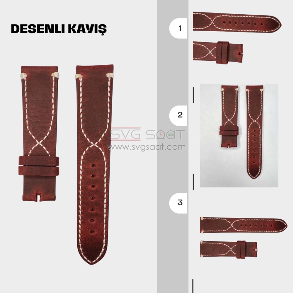 N1006W - NUBUK DERİ KORDON BORDO ÇAPRAZ DİKİŞ - BORDO-BEYAZ - 22MM