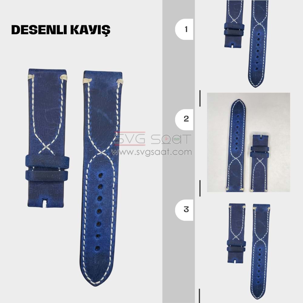 N1006W - NUBUK DERİ KORDON BORDO ÇAPRAZ DİKİŞ - LACİVERT-BEYAZ - 22MM